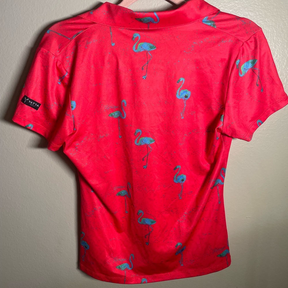 Yatta Red All Over Print Flamingo Golf Polo Shirt Mens Small Stretch - Picture 4 of 4